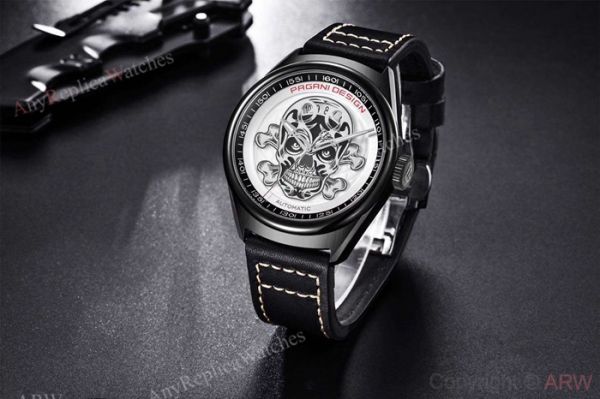 Pagani Design PVD Black Steel Watch White Skull Face Pagani Design PVD Black Steel Watch White Skull Face