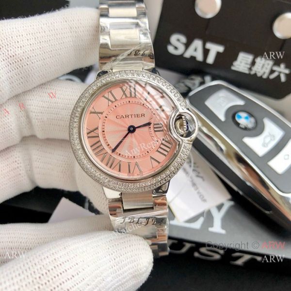 Stainless Steel Pink Dial Womens Fake Cartier Watch 33mm Stainless Steel Pink Dial Womens Fake Cartier Watch 33mm
