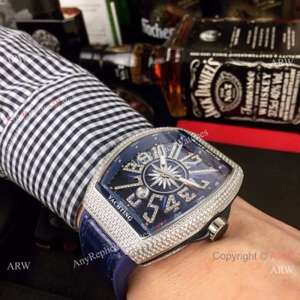 Swiss Copy Franck Muller Iced Out Rose Gold Blue Dial Watch Vanguard Yachting V45 Collection Swiss Copy Franck Muller Iced Out Rose Gold Blue Dial Watch Vanguard Yachting V45 Collection