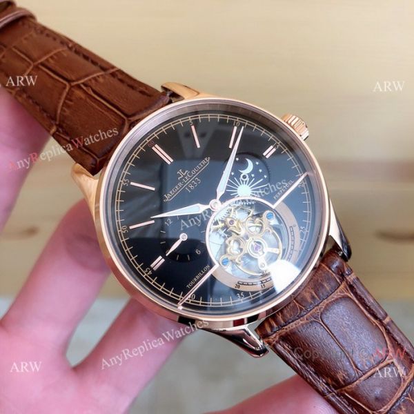 Fake Jaeger LeCoultre Master Tourbillon Moonphase Watch Black Leather Band Fake Jaeger LeCoultre Master Tourbillon Moonphase Watch Black Leather Band