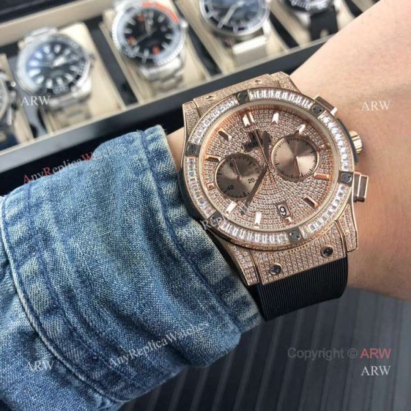 Iced Out Hublot Knock off Watches Classic Fusion SS Black Rubber Strap Iced Out Hublot Knock off Watches Classic Fusion SS Black Rubber Strap