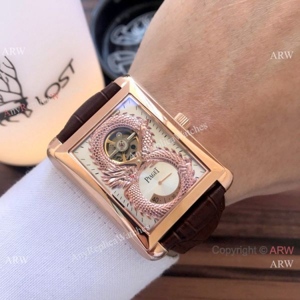 2019 Copy Piaget Black Tie Dragon watches Gold Case Brown Strap 2019 Copy Piaget Black Tie Dragon watches Gold Case Brown Strap