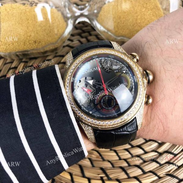 Replica Bubble Corum Watch Diamond Bezel Gold Case Silver Chronograph Dial Replica Bubble Corum Watch Diamond Bezel Gold Case Silver Chronograph Dial