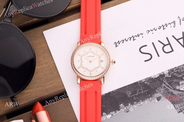 Copy Cartier Red Leather Strap Rose Gold Diamond Quartz Watch 35mm Copy Cartier Red Leather Strap Rose Gold Diamond Quartz Watch 35mm