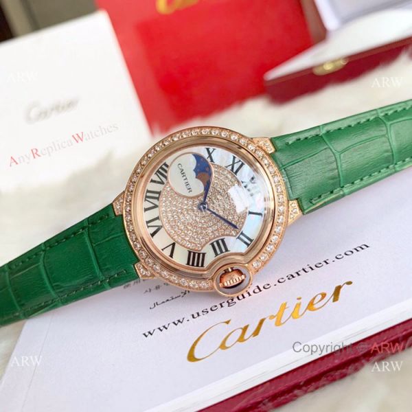 Ballon Bleu de Cartier 36mm Replica Watches Gold Diamond Green Leather Band Ballon Bleu de Cartier 36mm Replica Watches Gold Diamond Green Leather Band