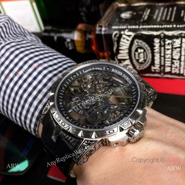 Copy Roger Dubuis Excalibur 46 Skeleton Men Watch SS Black Leather Strap Copy Roger Dubuis Excalibur 46 Skeleton Men Watch SS Black Leather Strap