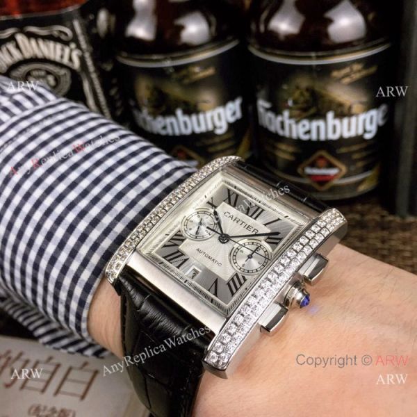 New Copy Cartier Tank Francaise watch SS Diamond Black Leather Band New Copy Cartier Tank Francaise watch SS Diamond Black Leather Band