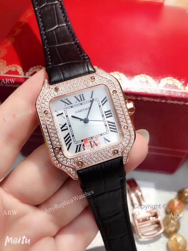 New Cartier Santos 100 Diamond Replica Watch Rose Gold Brown Leather Strap New Cartier Santos 100 Diamond Replica Watch Rose Gold Brown Leather Strap