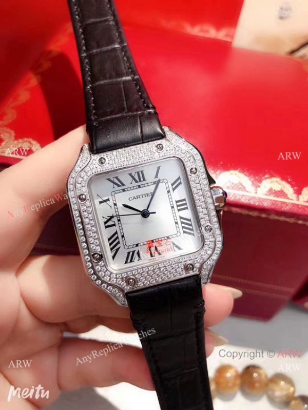Cartier Santos 100 Diamond Replica Watch SS Diamond Case Blue Leather Strap Cartier Santos 100 Diamond Replica Watch SS Diamond Case Blue Leather Strap