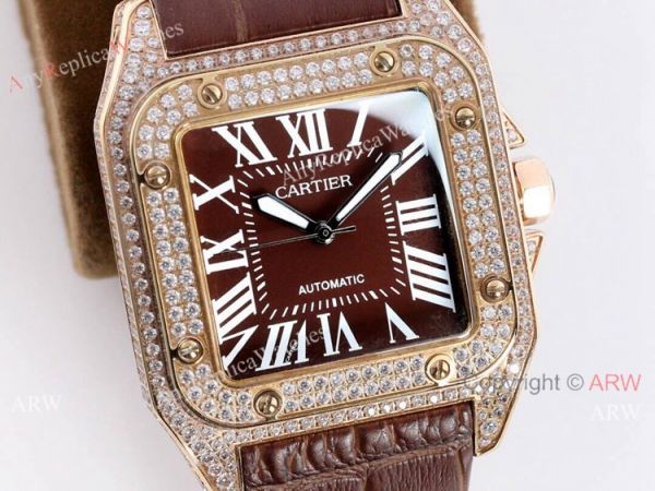 High Quality Cartier Santos De Diamond Case Brown Dial Wrist Automatic High Quality Cartier Santos De Diamond Case Brown Dial Wrist Automatic
