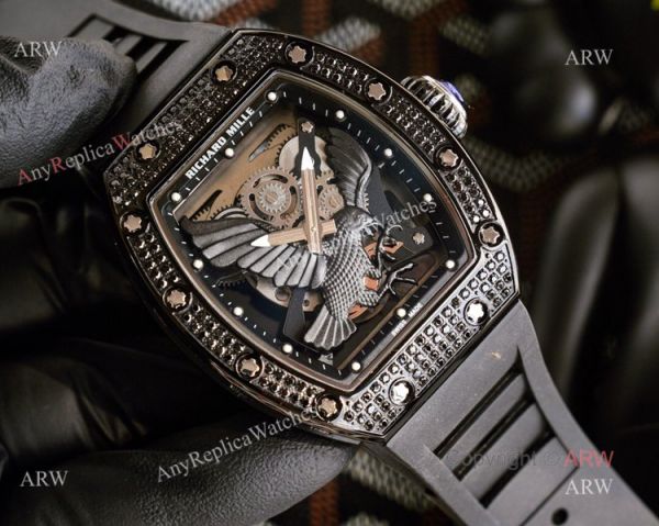 Limited Richard Mille Eagle Copy Watch With Silver Diamonds Black Rubber Band For Men Limited Richard Mille Eagle Copy Watch With Silver Diamonds Black Rubber Band For Men
