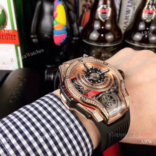 Swiss Quality Hublot Tourbillon Skeleton MP-09 Bi-Axis Watch Rose Gold Diamonds Swiss Quality Hublot Tourbillon Skeleton MP-09 Bi-Axis Watch Rose Gold Diamonds