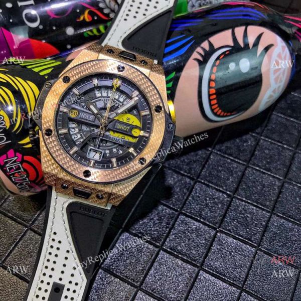 NEW Hublot Big Bang Unico Golf Replica Watch Rose Gold Gummy Strap NEW Hublot Big Bang Unico Golf Replica Watch Rose Gold Gummy Strap