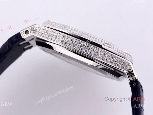 Swiss Replica Iced Out Audemars Piguet Royal Oak Blue Dial Watch Blue Leather Strap Swiss Replica Iced Out Audemars Piguet Royal Oak Blue Dial Watch Blue Leather Strap