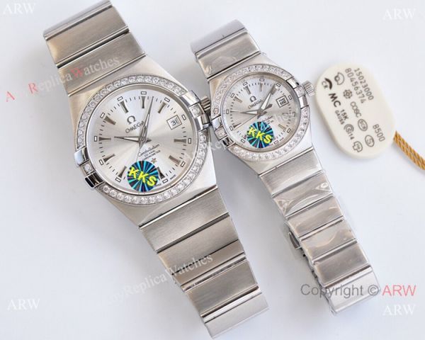 Swiss Quality Clone Omega Double Eagle Couple Watches Silver Dial Diamond Bezel 38mm and 27mm Swiss Quality Clone Omega Double Eagle Couple Watches Silver Dial Diamond Bezel 38mm and 27mm