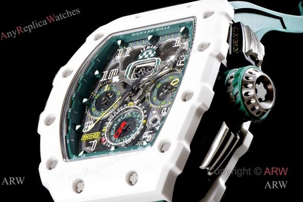 KV Factory Knockoff Richard Mille Green Rubber White Ceramic Replica Watch RM11-03 KV Factory Knockoff Richard Mille Green Rubber White Ceramic Replica Watch RM11-03
