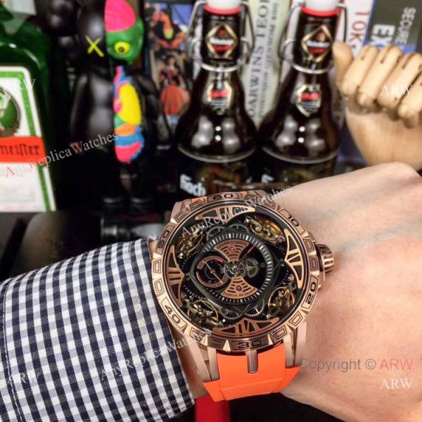 Copy Roger Dubuis Excalibur Quatuor Men Watches Red Rubber Strap Rose Gold Case Copy Roger Dubuis Excalibur Quatuor Men Watches Red Rubber Strap Rose Gold Case