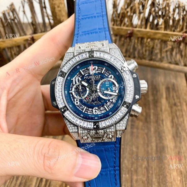 Best Quality Hublot Big Bang Unico Sapphire Iced Out Watches Blue Rubber Strap Best Quality Hublot Big Bang Unico Sapphire Iced Out Watches Blue Rubber Strap