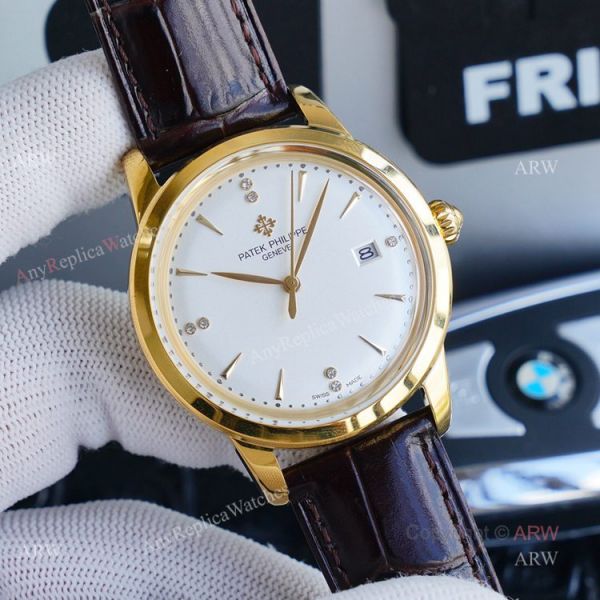 New Patek Philippe Calatrava Replica Watch Gold Dial With Brown Leather Band New Patek Philippe Calatrava Replica Watch Gold Dial With Brown Leather Band