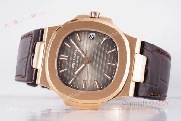 Swiss Patek Philippe Nautilus Rose Gold Grey Dial Brown Leather Strap Replica Watch Swiss Patek Philippe Nautilus Rose Gold Grey Dial Brown Leather Strap Replica Watch