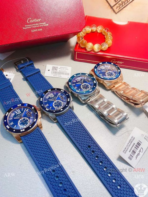 New! Replica Cartier Calibre de Quartz Watches Rose Gold Blue Bezel New! Replica Cartier Calibre de Quartz Watches Rose Gold Blue Bezel