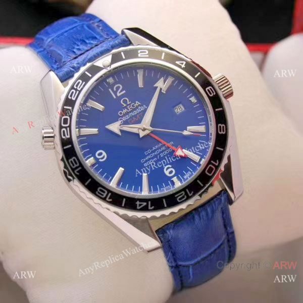 Copy Omega Seamaster GMT 45mm Watches SS Black Leather Strap Copy Omega Seamaster GMT 45mm Watches SS Black Leather Strap