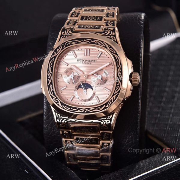 Knockoff Patek Philippe 5740 Nautilus Rose Gold Engraving Gray Gradient Face Knockoff Patek Philippe 5740 Nautilus Rose Gold Engraving Gray Gradient Face