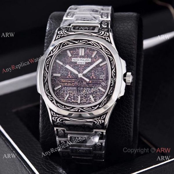 Clone Patek Philippe Nautilus Silver Tattoo Wrist Purple Dial 40mm Clone Patek Philippe Nautilus Silver Tattoo Wrist Purple Dial 40mm
