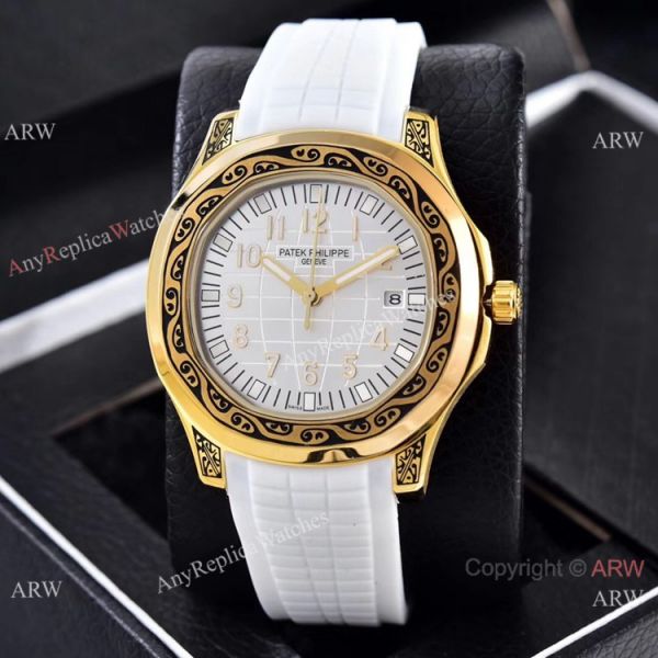 Clone Patek Philippe Aquanaut Engraving Watches Gold and Brown Rubber Strap Clone Patek Philippe Aquanaut Engraving Watches Gold and Brown Rubber Strap