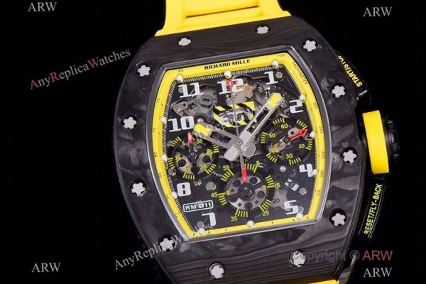 KV Factory Richard Mille RM-011 Yellow Storm Flyback Chronograph Watch Carbon NTPT Yellow Rubber Strap KV Factory Richard Mille RM-011 Yellow Storm Flyback Chronograph Watch Carbon NTPT Yellow Rubber Strap
