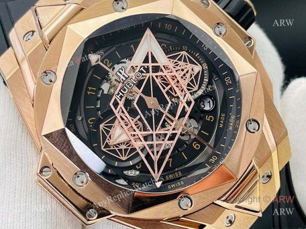 Replica Rose Gold Hublot Big Bang Sang Bleu 45 Watch Asia 7750 With Black Rubber Band Replica Rose Gold Hublot Big Bang Sang Bleu 45 Watch Asia 7750 With Black Rubber Band