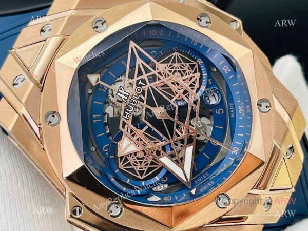 Replica Hublot Big Bang Watch Hublot Sang Bleu 45mm Rose Gold Blue Rubber Straps Replica Hublot Big Bang Watch Hublot Sang Bleu 45mm Rose Gold Blue Rubber Straps