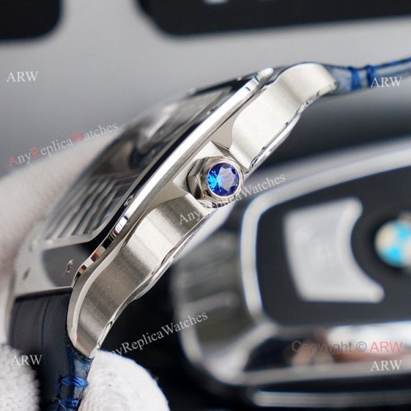 (TW ) Best Skeleton Santos De Cartier Stainless Steel Copy Watch With Blue Leather Band (TW ) Best Skeleton Santos De Cartier Stainless Steel Copy Watch With Blue Leather Band