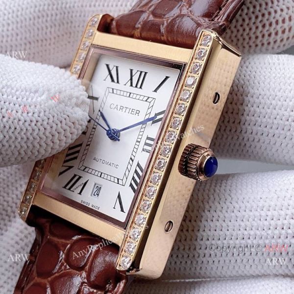 High Quality Replica Rose Gold Cartier Tank Automatic Watch With Diamond Bezel High Quality Replica Rose Gold Cartier Tank Automatic Watch With Diamond Bezel