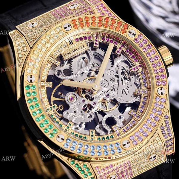 Replica Skeleton Hublot Rainbow Watch Rose Gold 45mm With Brown Leather Strap Replica Skeleton Hublot Rainbow Watch Rose Gold 45mm With Brown Leather Strap
