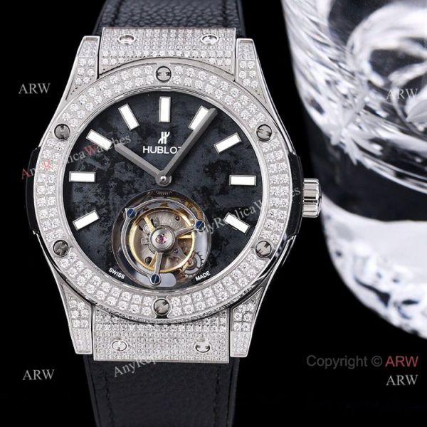 Best Replica Hublot Full Diamond Watch Rose Gold Black Dial Black Leather Strap Best Replica Hublot Full Diamond Watch Rose Gold Black Dial Black Leather Strap