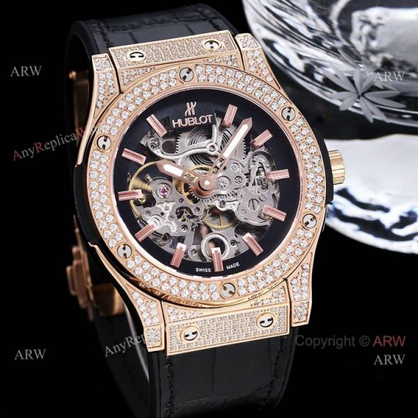 45mm Hublot Big Bang Rose Gold Skeleton Watch With Diamonds For Mens Replica 45mm Hublot Big Bang Rose Gold Skeleton Watch With Diamonds For Mens Replica