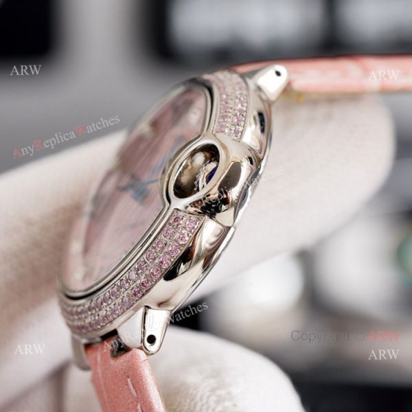 New Cartier Ballon Bleu 33mm With Diamonds Bezel Pink MOP Dial Pink Leather Strap Copy Watch New Cartier Ballon Bleu 33mm With Diamonds Bezel Pink MOP Dial Pink Leather Strap Copy Watch