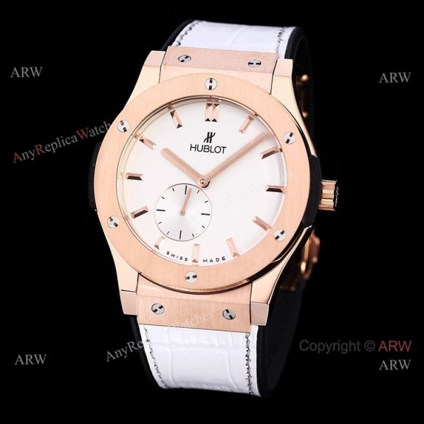 Stainless Steel Hublot Classic Fusion 42mm White Dial White Leather Strap Watch Replica Stainless Steel Hublot Classic Fusion 42mm White Dial White Leather Strap Watch Replica