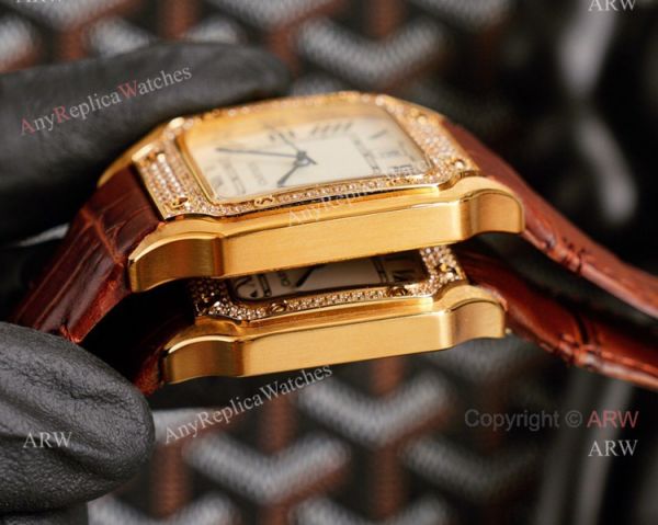 Replica Cartier Santos Yellow Gold White Dial Watch With Diamonds For Men And Women Replica Cartier Santos Yellow Gold White Dial Watch With Diamonds For Men And Women