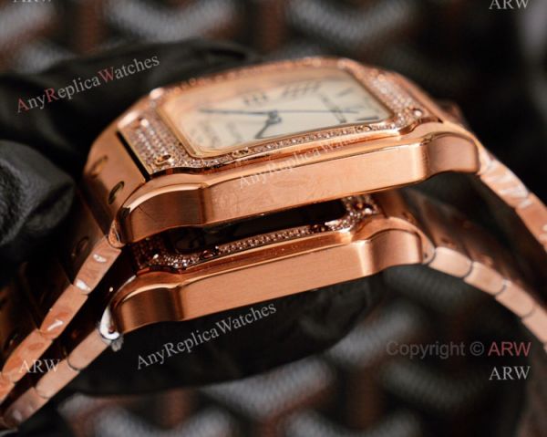 Swiss Quartz Cartier Santos Gold Copy Watch With Diamonds White Dial With Roman Markers Swiss Quartz Cartier Santos Gold Copy Watch With Diamonds White Dial With Roman Markers