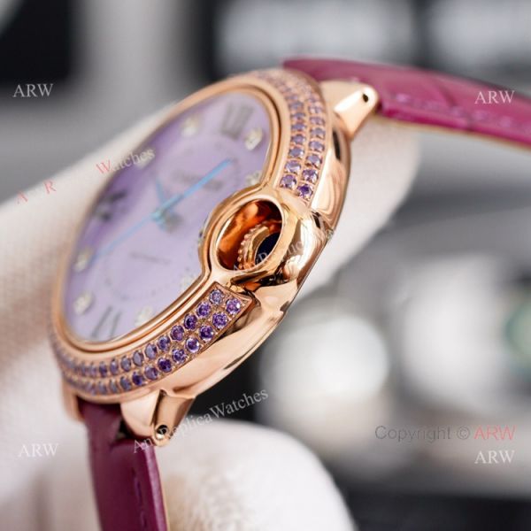 New Ladies Cartier Ballon Bleu 33mm Rose Gold diamond Purple Dial Purple Leather Strap Replica Watches New Ladies Cartier Ballon Bleu 33mm Rose Gold diamond Purple Dial Purple Leather Strap Replica Watches