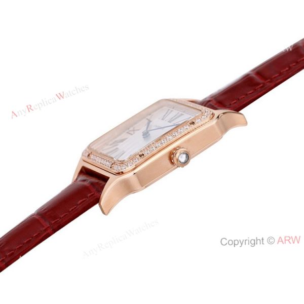 New Faux Cartier Santos-Dumont Rose Gold Couple Watch With Diamonds Bezel Brown Leather Band New Faux Cartier Santos-Dumont Rose Gold Couple Watch With Diamonds Bezel Brown Leather Band