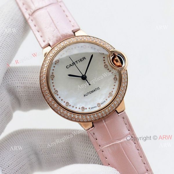 Swiss Quality Replica Cartier Ballon Bleu 36mm Rose Gold Diamond Bezel White Mop Dial Automatic Watch Swiss Quality Replica Cartier Ballon Bleu 36mm Rose Gold Diamond Bezel White Mop Dial Automatic Watch