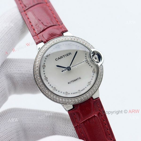 Swiss Quality Knockoff Cartier Ballon Bleu 36mm Automatic Watch With Diamond Bezel Black Leather Strap Swiss Quality Knockoff Cartier Ballon Bleu 36mm Automatic Watch With Diamond Bezel Black Leather Strap