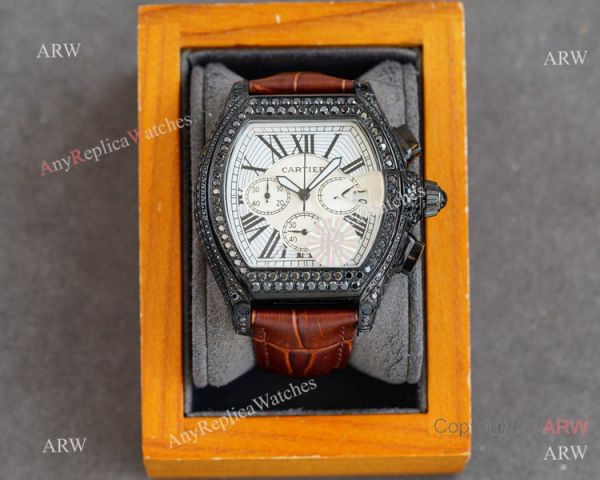 Iced Out Cartier Roadster All Black Watches Leather Strap Iced Out Cartier Roadster All Black Watches Leather Strap