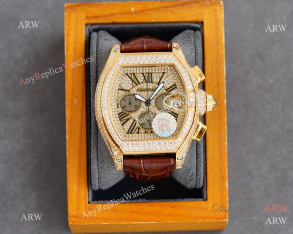 Iced Out Cartier Roadster Chronograph Watches Yellow Gold Case Iced Out Cartier Roadster Chronograph Watches Yellow Gold Case