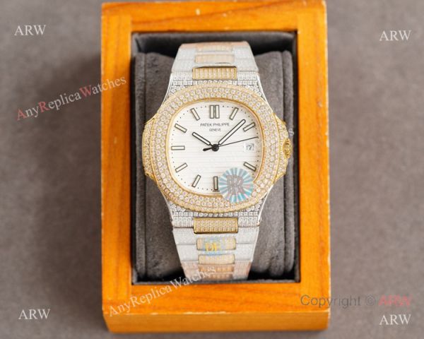 Swiss Replica Patek Philippe Nautilus 9015 Ultra-thin Watch Two Tone Iced Out Case Swiss Replica Patek Philippe Nautilus 9015 Ultra-thin Watch Two Tone Iced Out Case