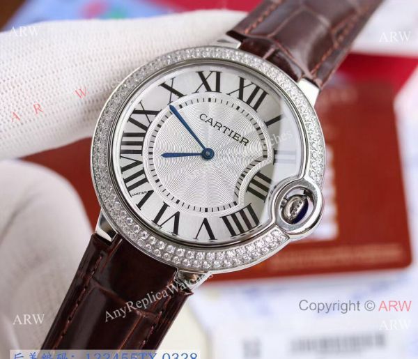 Replica V6 Cartier Balloon Blue Diamond Bezel White Face Watch Brown Leather Strap Replica V6 Cartier Balloon Blue Diamond Bezel White Face Watch Brown Leather Strap