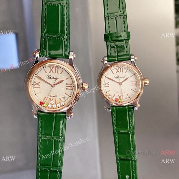 Clone Chopard Happy Sport Diamond Couple Watches Black Leather Strap Clone Chopard Happy Sport Diamond Couple Watches Black Leather Strap